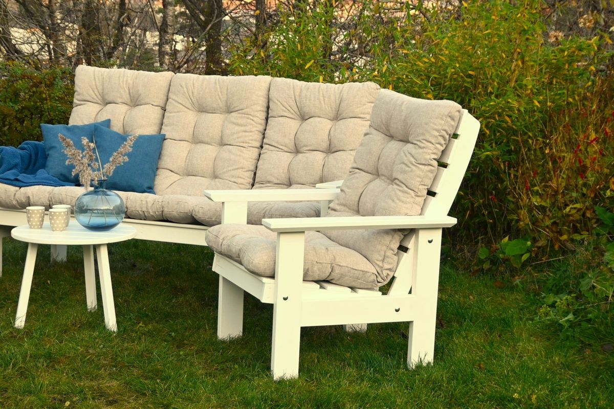 Flock Høy putesett til tremøbler 3+1+1 - design Linbeige, 5 puter 